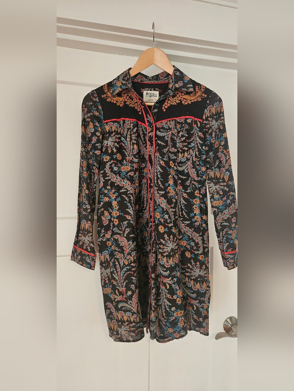 Holding Horses Anthropologie Black Floral Western Tunic Shirt Dress XS